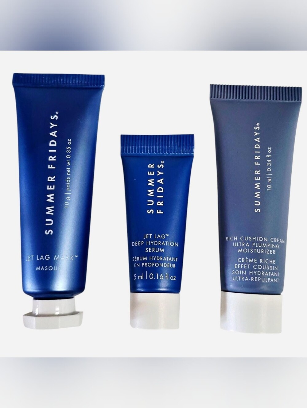 Summer Fridays 3-piece Travel Set in Bright Blue Tubes and White Lettering